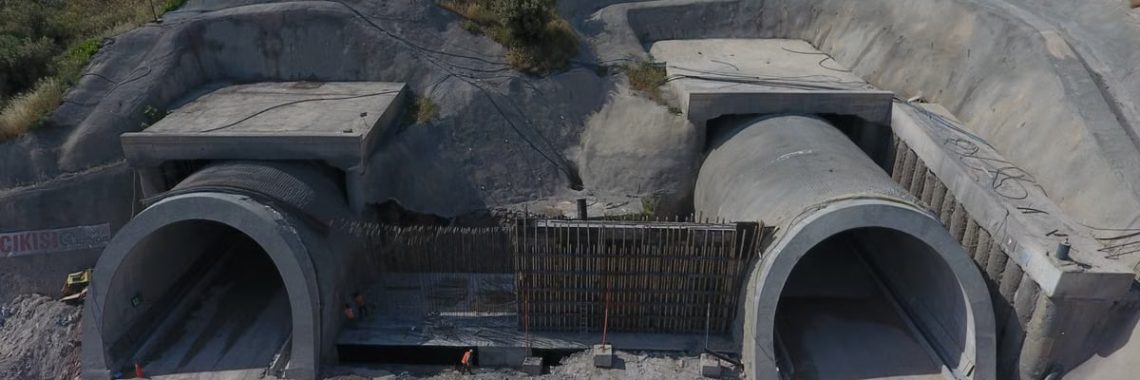 High-angle view of a construction site with two tunnels in Çanakkale, Turkey.